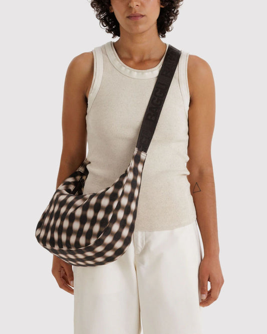 MEDIUM NYLON CRESCENT BAG - BLURRED GINGHAM BROWN