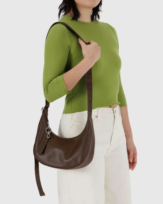 SMALL RECYCLED LEATHER CRESCENT BAG - BROWN