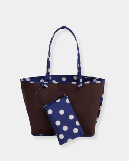 LARGE NYLON REVERSIBLE TOTE - NAVY POLKA DOT MIX
