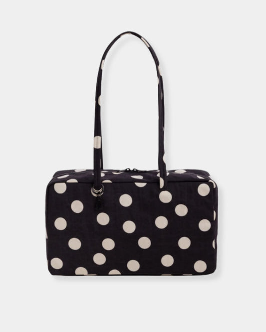 MEDIUM NYLON BOWLER BAG - BLACK AND CREAM POLKA DOT