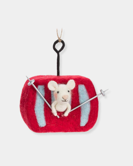 SKIING MOUSE IN GONDOLA - ORNAMENT