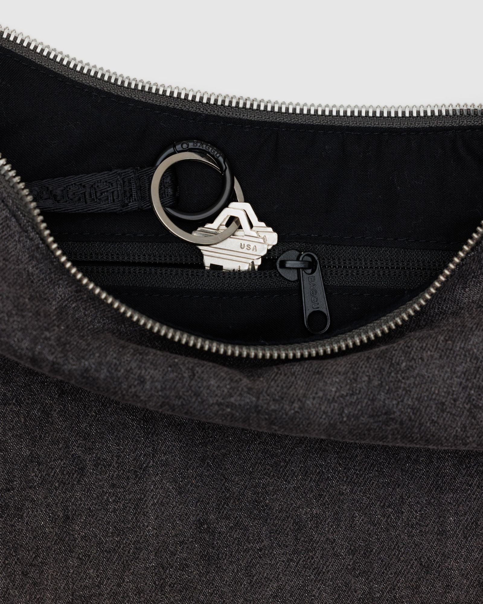 MEDIUM DENIM CRESCENT BAG - WASHED BLACK DENIM