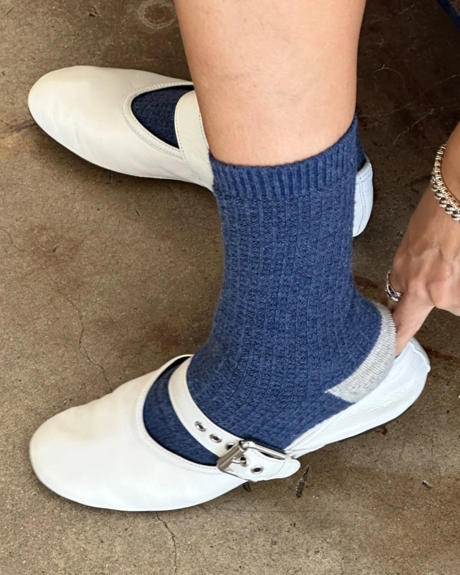 WOOL WAFFLED SOCKS - DENIM