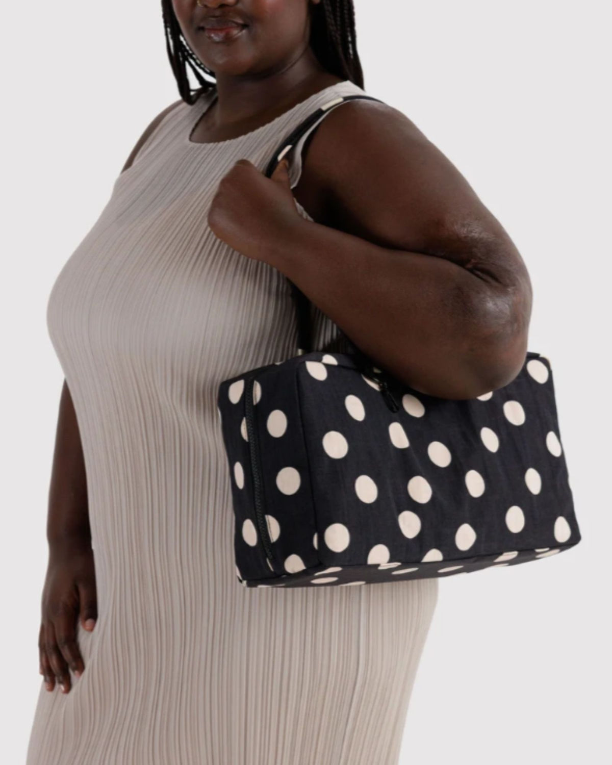 MEDIUM NYLON BOWLER BAG - BLACK AND CREAM POLKA DOT