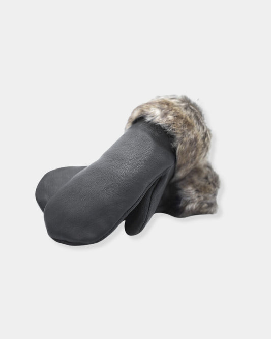 BLACK FUR DEERSKIN LEATHER MITTS