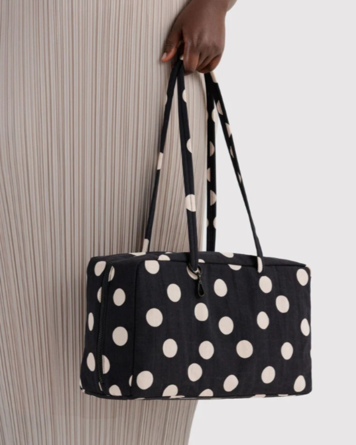 MEDIUM NYLON BOWLER BAG - BLACK AND CREAM POLKA DOT