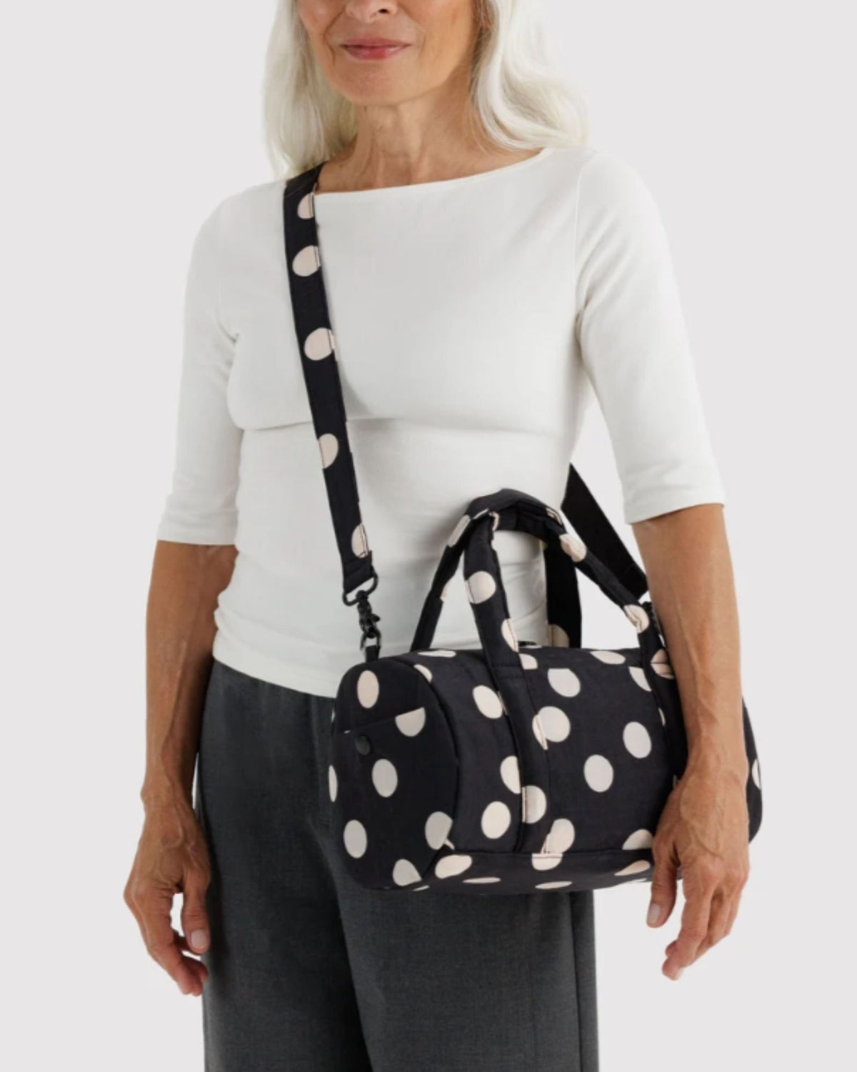 NYLON DUFFLE BAG - BLACK AND CREAM POLKA DOT