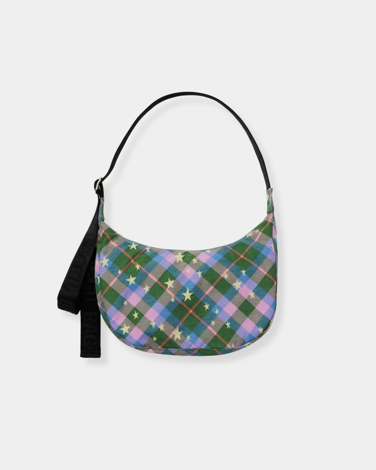 MEDIUM NYLON CRESCENT BAG - GREEN STAR PLAID