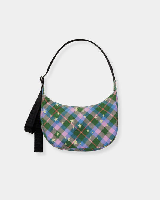 MEDIUM NYLON CRESCENT BAG - GREEN STAR PLAID
