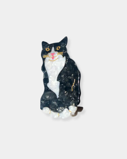 HAND-PAINTED TUXEDO CAT CLAW HAIR CLIP