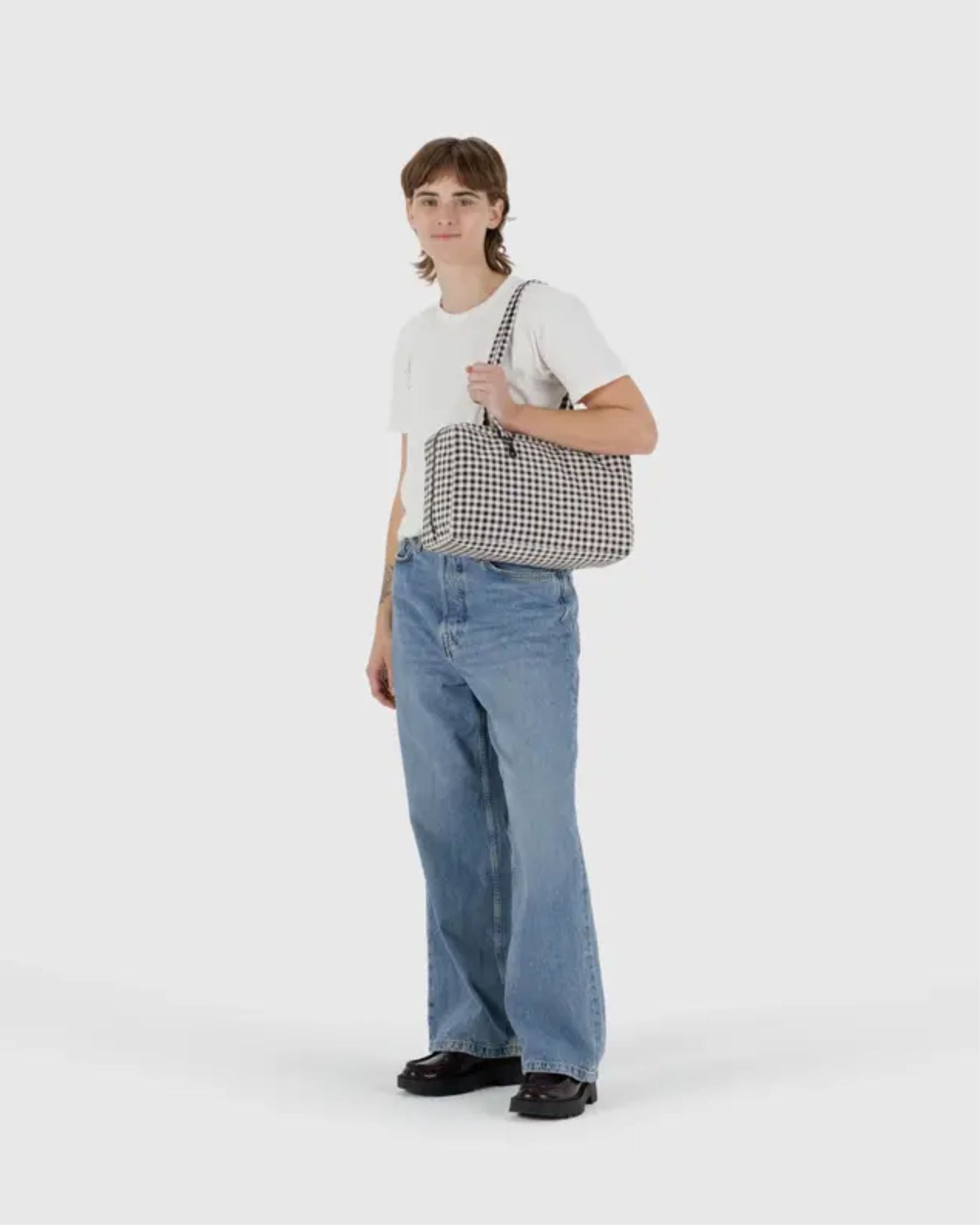 MEDIUM NYLON BOWLER BAG - BLACK & WHITE GINGHAM