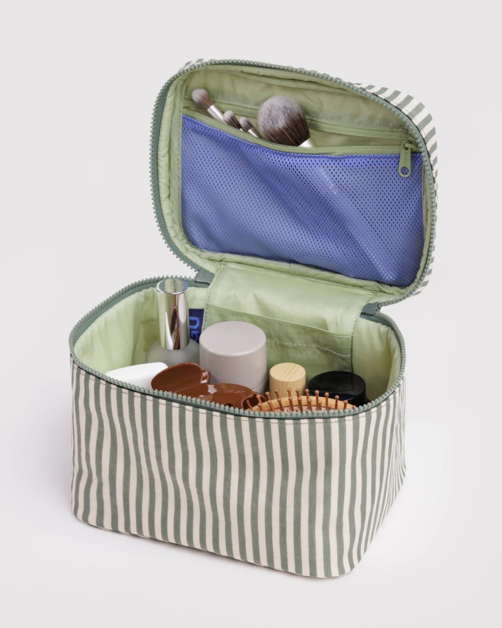 LARGE COSMETIC CASE - SAGE STRIPE