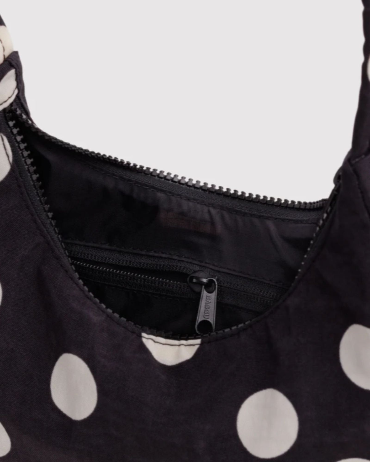 MINI NYLON SHOULDER BAG - BLACK AND CREAM POLKA DOT