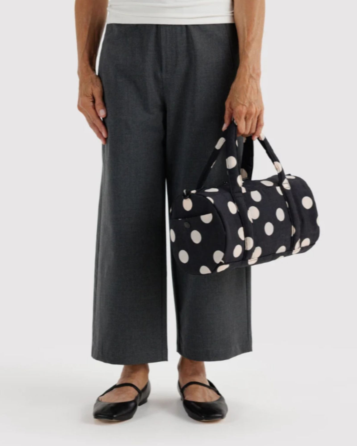 NYLON DUFFLE BAG - BLACK AND CREAM POLKA DOT