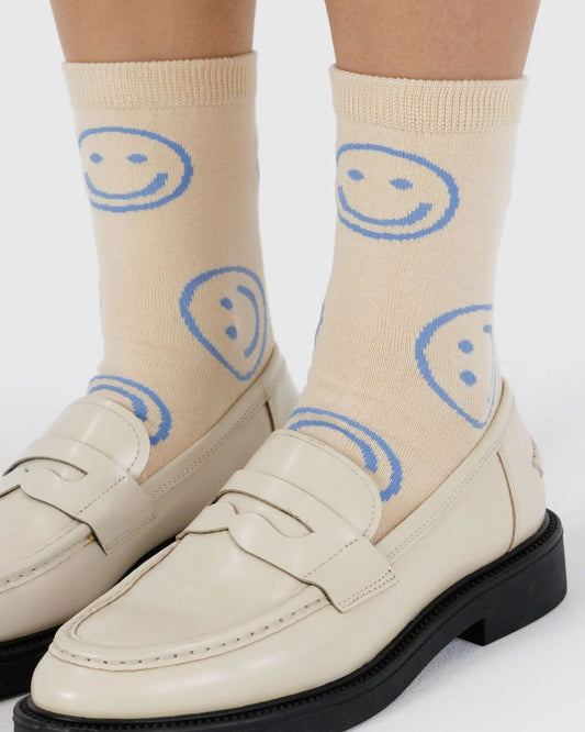 CREW SOCK - HAPPY - ECRU PERIWINKLE