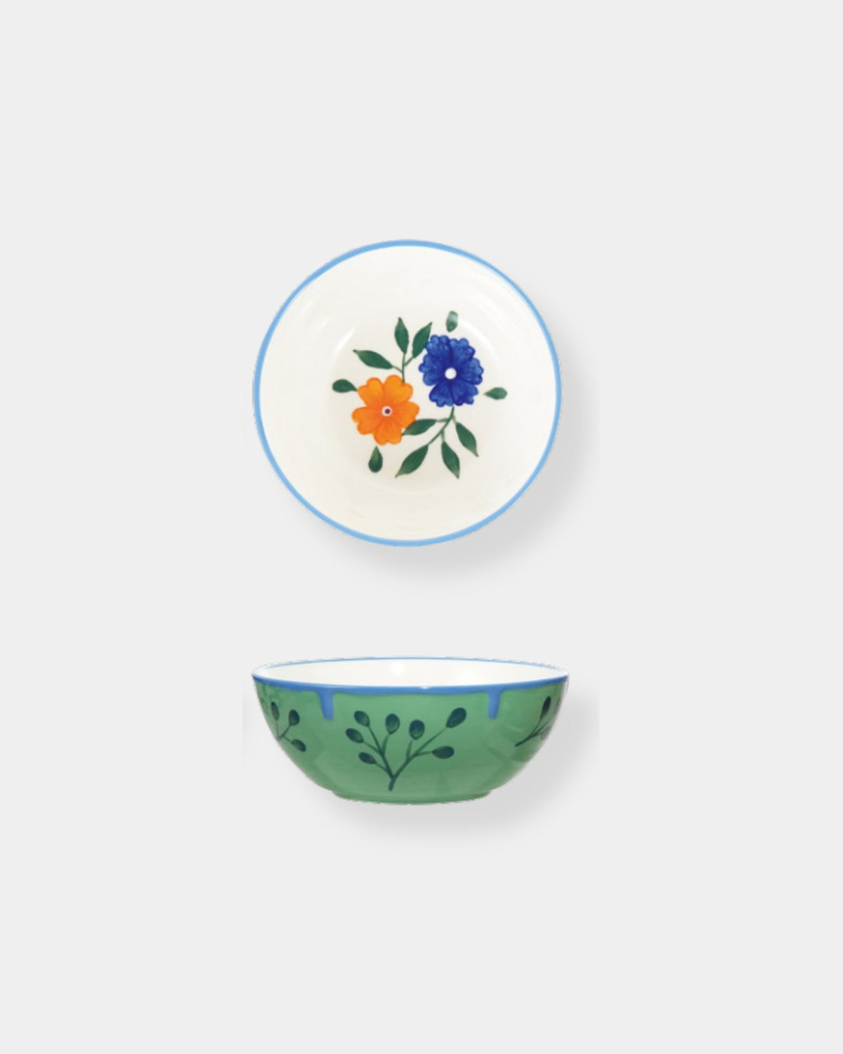 BLUE & ORANGE FLORAL STONEWARE BOWL