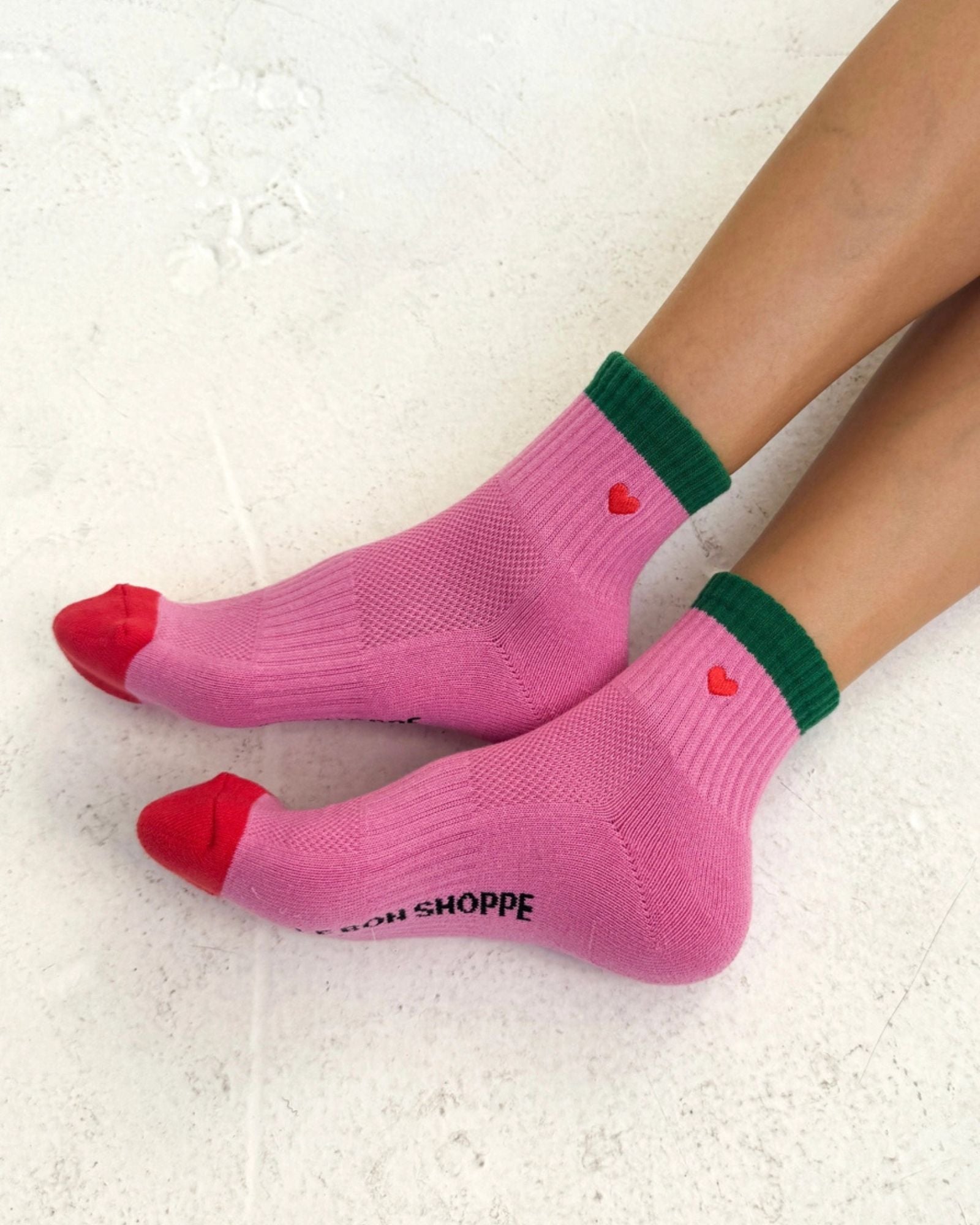 EMBROIDERED PINK + GREEN HEART GIRLFRIEND - SOCK