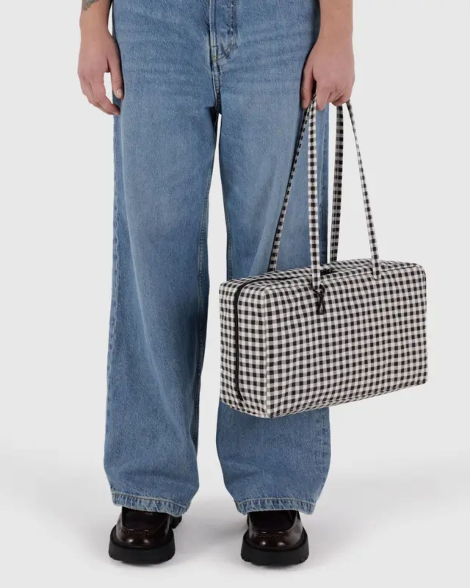 MEDIUM NYLON BOWLER BAG - BLACK & WHITE GINGHAM