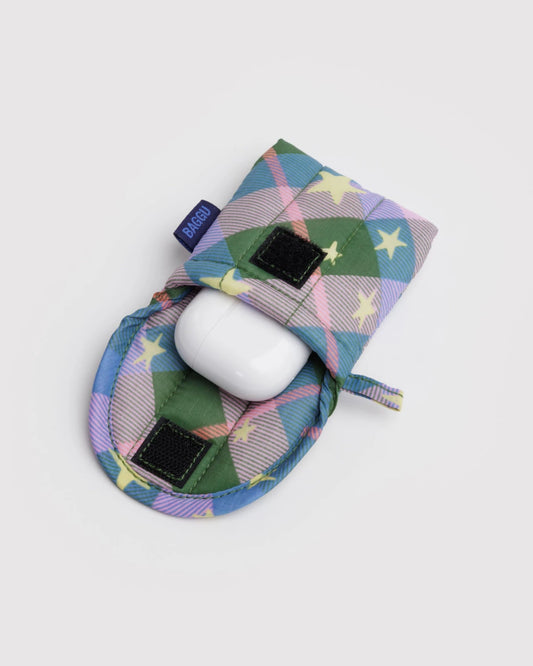 PUFFY EARBUDS CASE - GREEN STAR PLAID