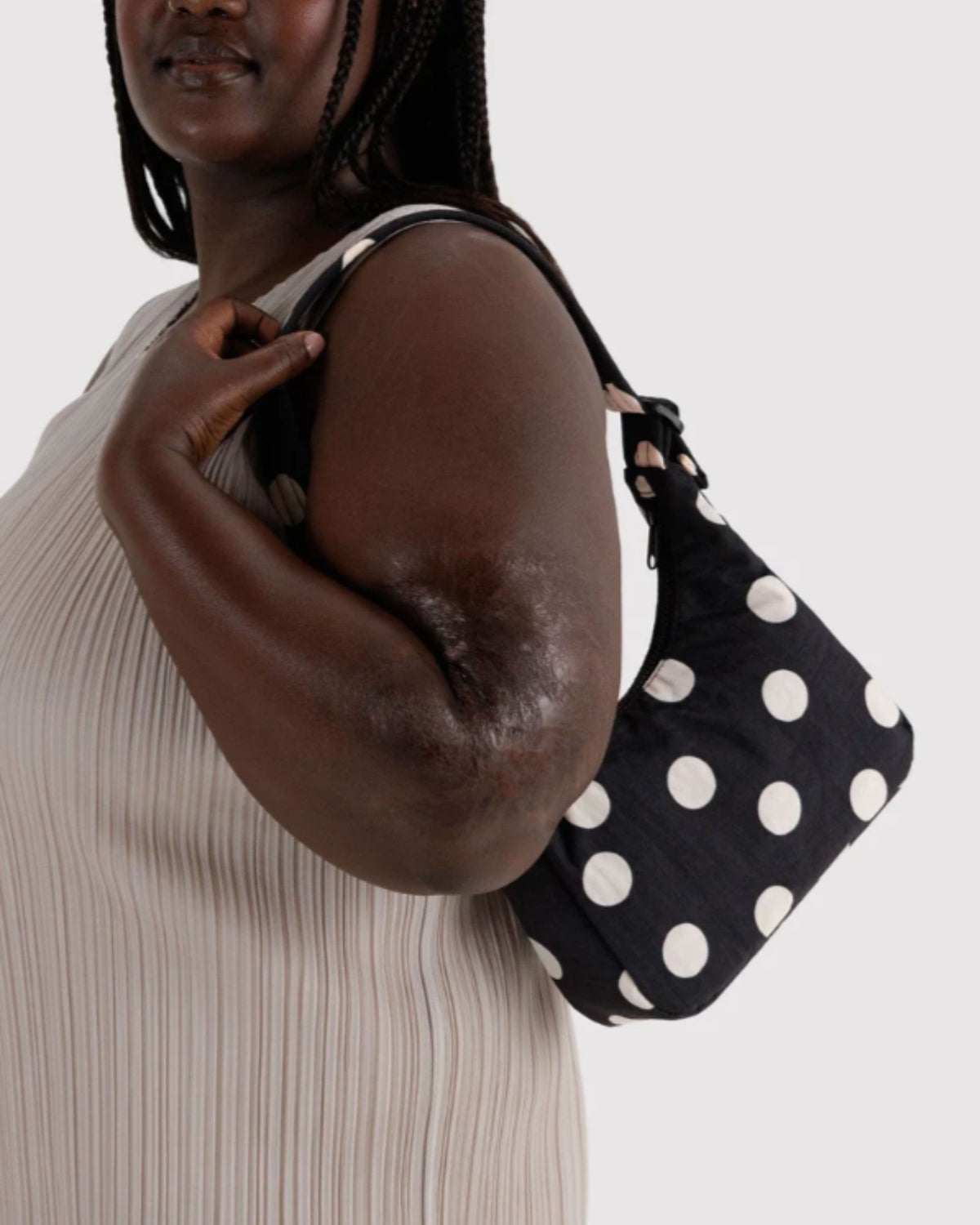 MINI NYLON SHOULDER BAG - BLACK AND CREAM POLKA DOT