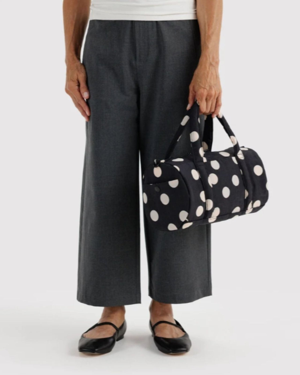 NYLON DUFFLE BAG - BLACK AND CREAM POLKA DOT | Stonewaters