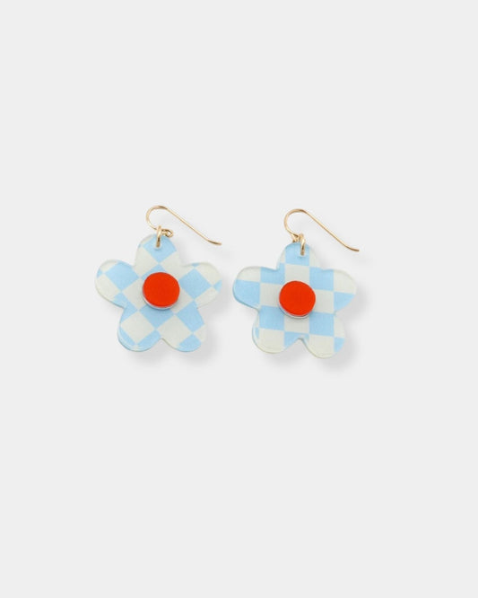 SMALL DAISY DROP - BLUE CHECKER EARRINGS | Stonewaters